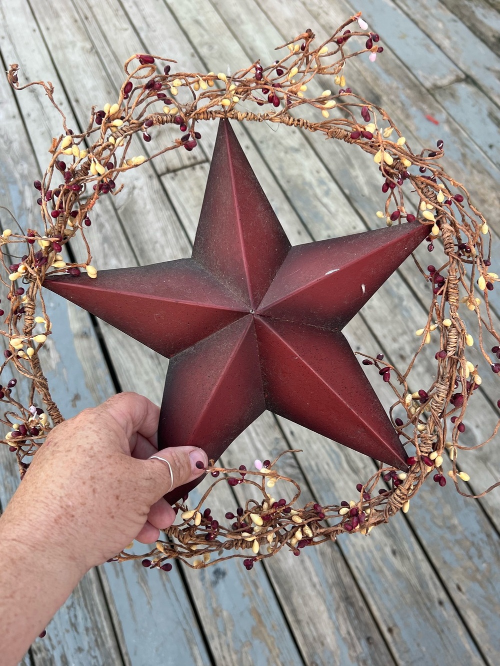 Rustic primitive Red Star Wreath with Berry Garland Holiday Accent 10 inches